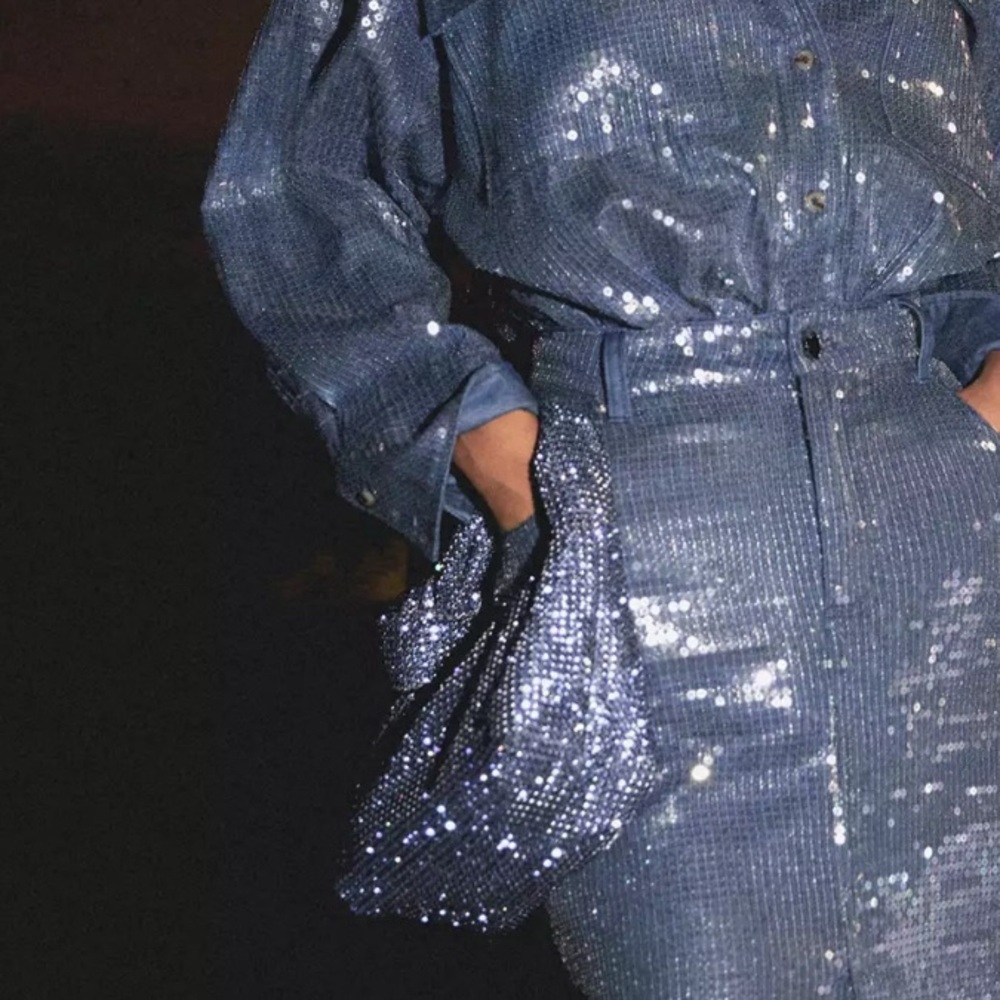 Anthropologie PILCRO Shimmer Blue Metallic Maxi Skirt with Front Slit
